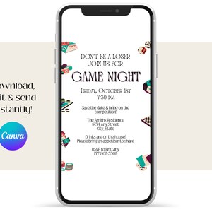 May include: A mobile phone screen displaying a game night invitation with a colourful design. The invitation reads "Don't be a loser, join us for Game Night" and includes the date, time, location, and RSVP information.