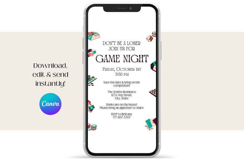 May include: A mobile phone screen displaying a game night invitation with a colourful design. The invitation reads "Don't be a loser, join us for Game Night" and includes the date, time, location, and RSVP information.