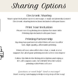 May include: A graphic with the text "Sharing Options" in a black cursive font. The graphic lists options for sharing and printing invitations, including electronic sharing, printing tips, and a partnership with Prints of Love for printing services.