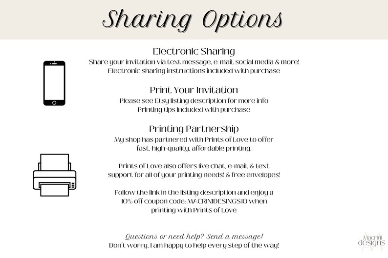 May include: A graphic with the text "Sharing Options" in a black cursive font. The graphic lists options for sharing and printing invitations, including electronic sharing, printing tips, and a partnership with Prints of Love for printing services.