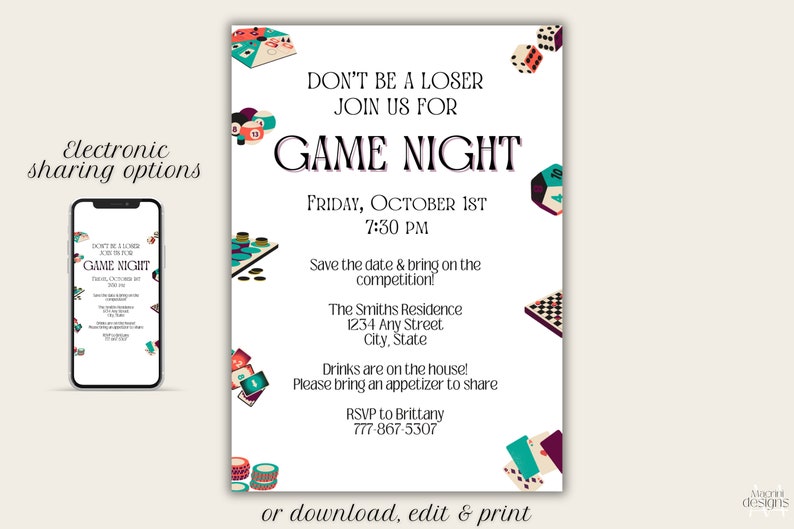 May include: A white invitation with colourful illustrations of game pieces, dice, and cards. The text reads "Don't be a loser, join us for Game Night, Friday, October 1st, 7:30 PM". The invitation also includes the location, "The Smiths Residence, 1234 Any Street, City, State", and RSVP information.