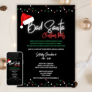 Może przedstawiać: Czarno-białe zaproszenie na świąteczną imprezę z czerwonymi i zielonymi światełkami. Zaproszenie zawiera napis "Bad Santa Christmas Party" i zawiera informacje o imprezie, w tym datę, godzinę, miejsce i informacje o RSVP.