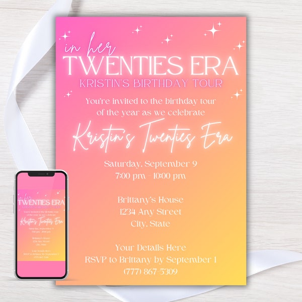 20th Birthday Invitation, Editable 20s Birthday Party Invite, In Her Twenties Era, In Her 20s Era Birthday Digital Invitation Template, DIY
