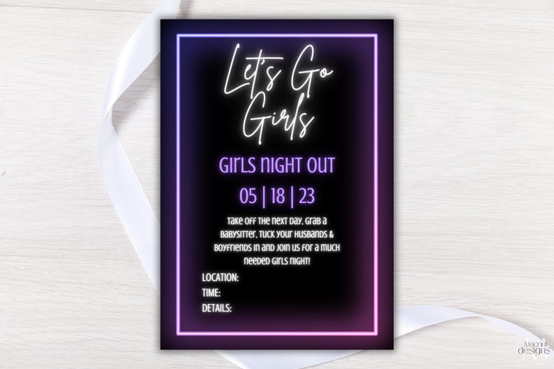 "Let's Go Girls" Girls Night Out invitation template with black background and neon purple & pink accents, white text font. Displayed as a printable invitation.