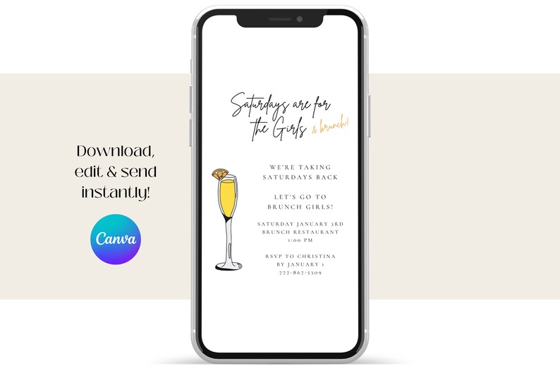Invitation displayed on a mobile phone. Download, edit with Canva & send this invitation instantly.
