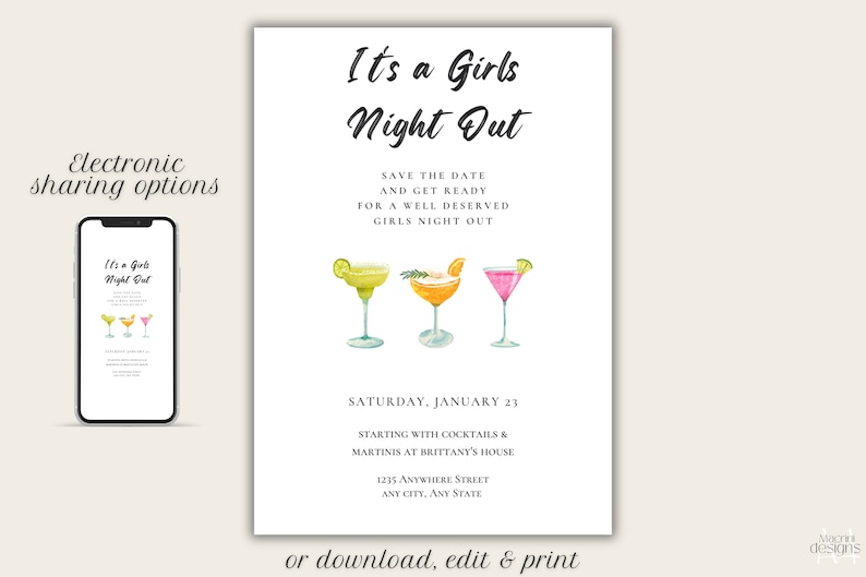 Invitation Sharing Options:
1. Electronic Sharing - send via text message, e-mail, social media, & more. 
2. Print Your Invitation - print at home or at a local print shop of your choice.

More details provided in listing description.