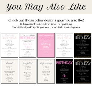Op de afbeelding: Een verzameling uitnodigingsontwerpen met verschillende thema's, waaronder barmenu's en verjaardagen. De ontwerpen bevatten elegante typografie en illustraties van cocktailglazen, met kleurenschema's in zwart, roze en cr&egrave;me.