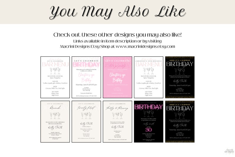 Op de afbeelding: Een verzameling uitnodigingsontwerpen met verschillende thema's, waaronder barmenu's en verjaardagen. De ontwerpen bevatten elegante typografie en illustraties van cocktailglazen, met kleurenschema's in zwart, roze en cr&egrave;me.