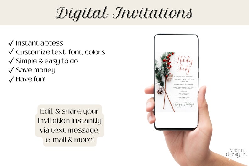 Digital Invitations:
- Instant Access
- Customize text, font, colors
- Simple and easy
- Save money
- Have fun

Edit & share your invitation instantly!
