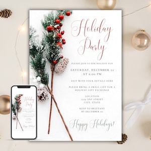 Holiday Party Invitation, Winter Holiday Party Invite, Christmas Party Evite, Holiday Evite, Editable Digital Invitation Template Download