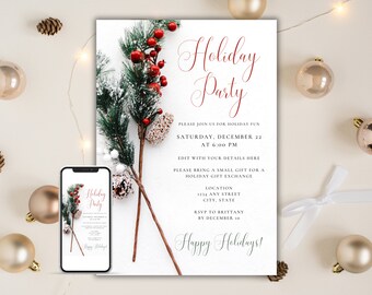 Holiday Party Invitation, Winter Holiday Party Invite, Christmas Party Evite, Holiday Evite, Editable Digital Invitation Template Download