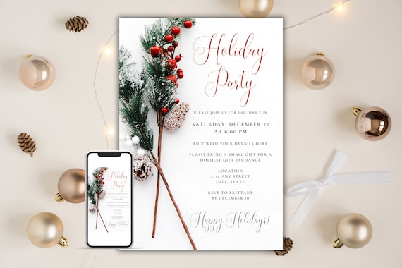 Holiday Party Invitation, Winter Holiday Party Invite, Christmas Party Evite, Holiday Evite, Editable Digital Invitation Template Download