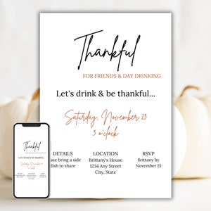 Fun Friendsgiving Invite, Drink & Be Thankful Funny Friendsgiving Party Invitation Template, Editable, Digital Invite, Evite, Printable