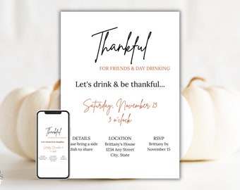 Fun Friendsgiving Invite, Drink & Be Thankful Funny Friendsgiving Party Invitation Template, Editable, Digital Invite, Evite, Printable