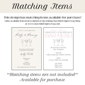 Op de afbeelding: Twee uitnodigingsontwerpen met de tekst: "Let's Celebrate Thirty & Thriving" en "Christina's 30th Birthday Bar Menu". De menukaart vermeldt cocktails, sterke drank, bier en seltzers. De uitnodiging bevat evenementdetails. De tekst "Matching Items" staat bovenaan.