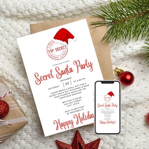 Secret Santa party invitation with white background, black font and red titles featuring Santa hat and "top secret" logo. Displayed as a printable invitation or electronic invitation sent on a mobile phone.