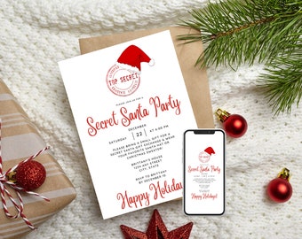 May include: A white invitation card with red text for a Secret Santa party on December 22nd at 4:20 PM. The invitation includes details about the event, including the address and RSVP information. The card features a red Santa hat with a white trim and a "Top Secret" stamp.