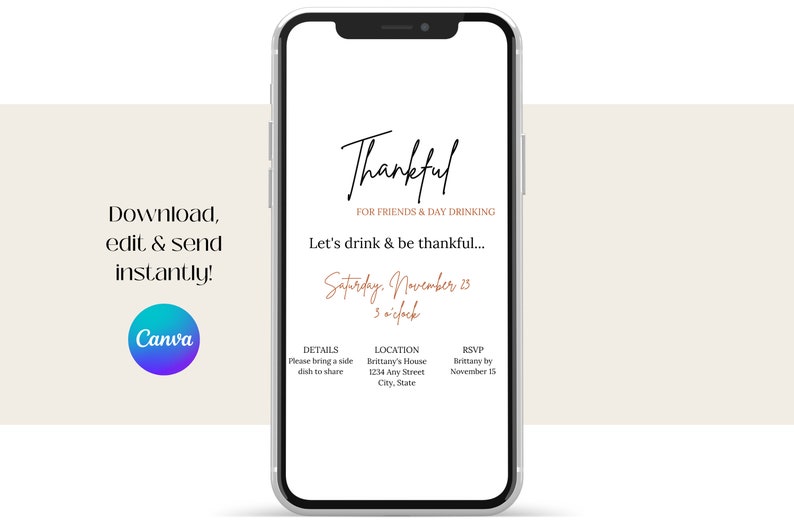 Invitation displayed on a mobile phone. Download, edit with Canva & send this invitation instantly.
