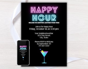 Arbeit Happy Hour einladen, bearbeitbare Happy Hour-Einladung, Cocktail-Stunde einladen, Martini-Nacht, Mädchennacht, digitale Einladungsvorlage, Evite
