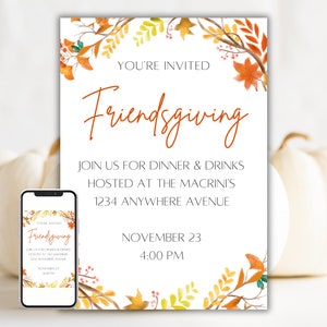 Può includere: Un invito stampabile per una cena di Friendsgiving. L'invito presenta un'illustrazione ad acquerello di foglie autunnali in tonalità di arancione, giallo e verde. Il testo recita "Sei invitato" e "Friendsgiving" in un carattere di scrittura a mano. L'invito include anche la data e l'ora dell'evento, nonché l'indirizzo dell'ospite.