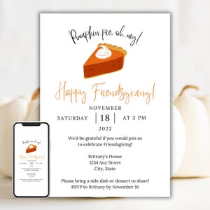 Friendsgiving Invite, Editable Friendsgiving Party Evite, Digital Friendsgiving Invitation Template, Pumpkin Pie Friendsgiving Party Invite