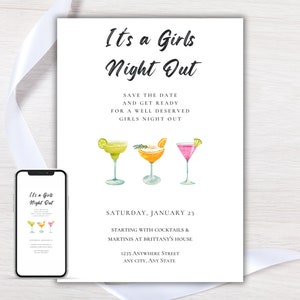 Minimalist "It's A Girls Night Out" invitation white background and black font featuring martinis and cocktails. Displayed as a printable invitation or sent on a mobile phone.
