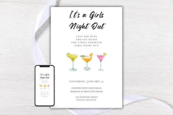 Girls Night Out Invitation, Ladies Night Out Invite, Moms Night Out, Cocktails and Martinis, Canva Editable Text Message Digital Invite