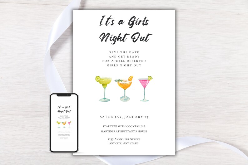 Minimalist "It's A Girls Night Out" invitation white background and black font featuring martinis and cocktails. Displayed as a printable invitation or sent on a mobile phone.
