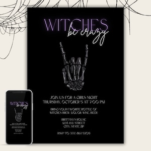 Halloween Party Invite, Neon Witches Be Crazy Editable Halloween Invitation Template, DIY Halloween Theme Girls Night Digital Invitation