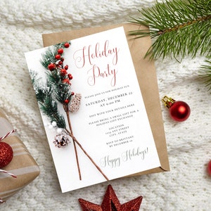 Holiday party invitation with white snow background, red and black font featuring winter holly branch and pinecone image.