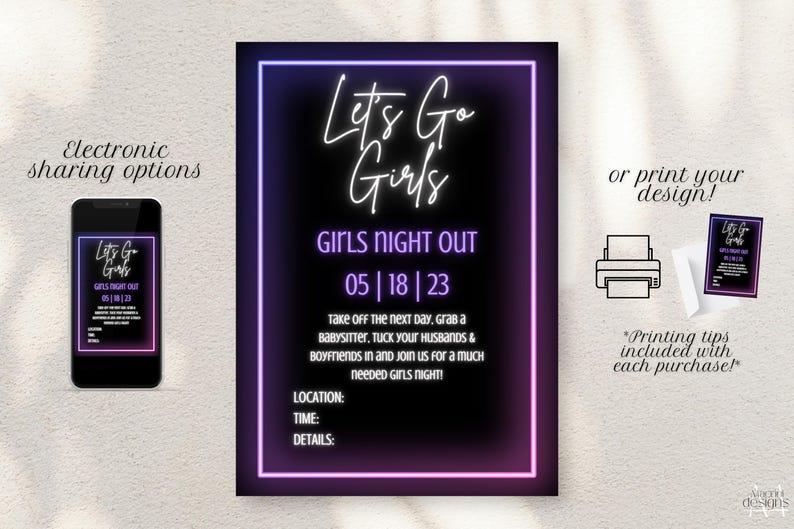 Ladies Night or Girls Night Out invitation available for instant download to print at home or you local print shop OR send as an electronic invitation via text message to the girls!