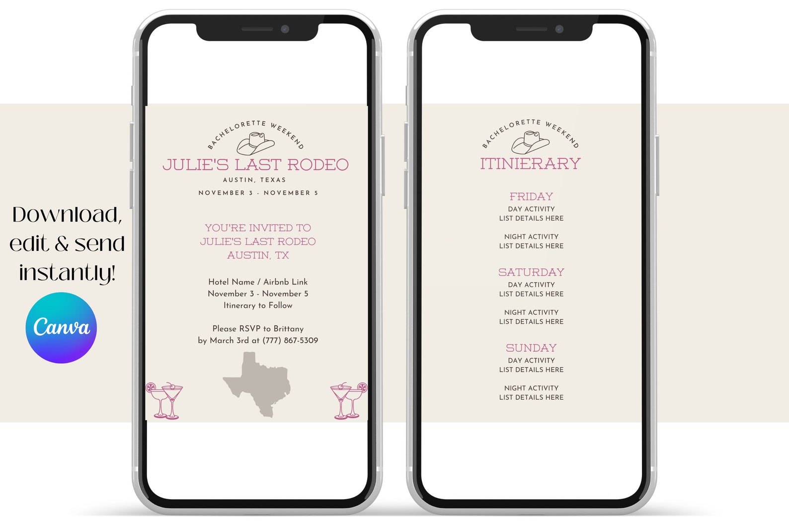 Texas Bachelorette Party Invitation &amp; Weekend Itinerary, Last Rodeo ...