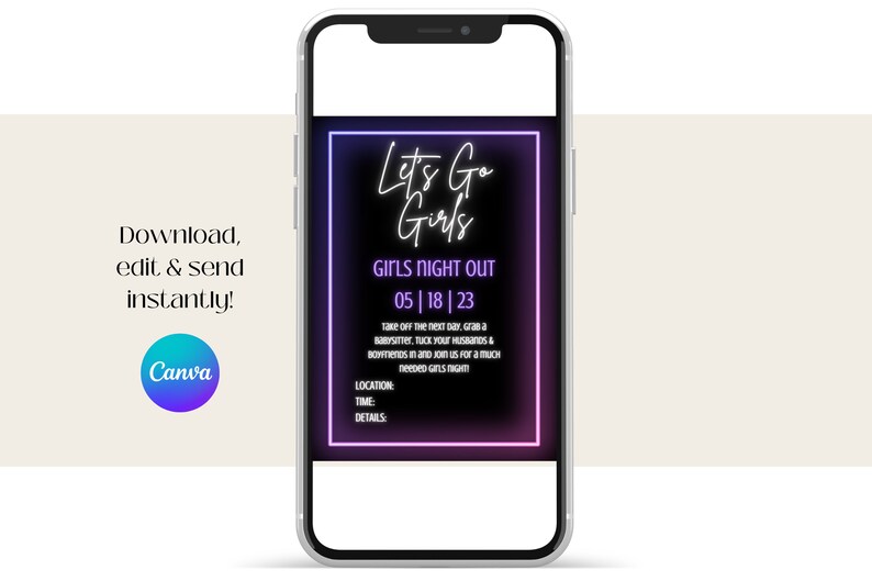 Text message invitation displayed on a mobile phone. Download, edit your invitation template with Canva & send this invitation instantly via text message invite, e-mail, social media & more!