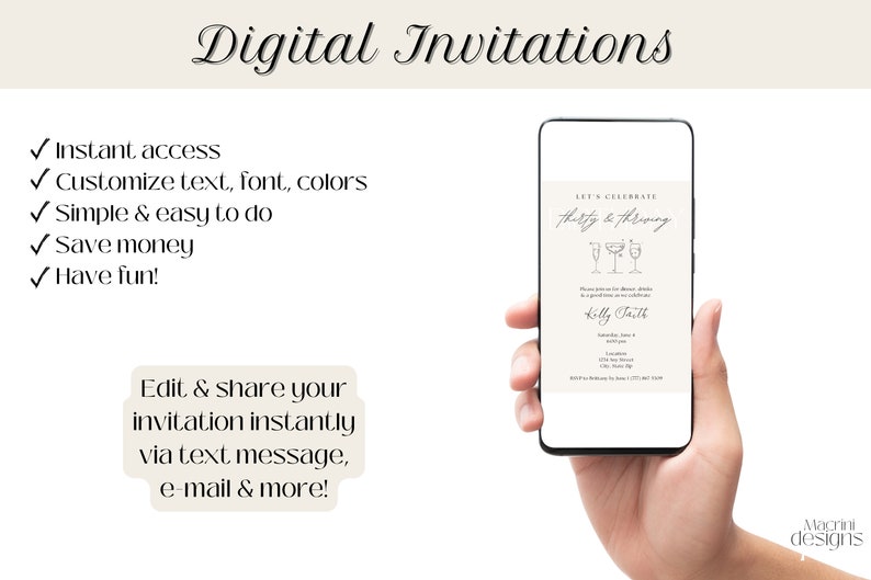 Digital Invitations:
- Instant Access
- Customize text, font, colors
- Simple and easy
- Save money
- Have fun

Edit & share your invitation instantly!