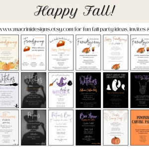 Additional fall party, Thanksgiving, Friendsgiving, Halloween, and costume party designs available at Macrini Designs Etsy shop.