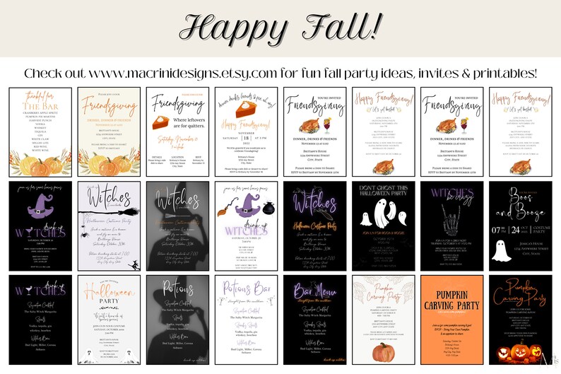 Additional fall party, Thanksgiving, Friendsgiving, Halloween, and costume party designs available at Macrini Designs Etsy shop.
