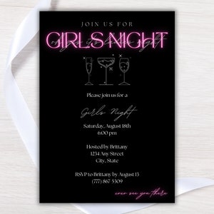 Girls night invitation template with black background, white font and neon pink title featuring cocktail and martini images.