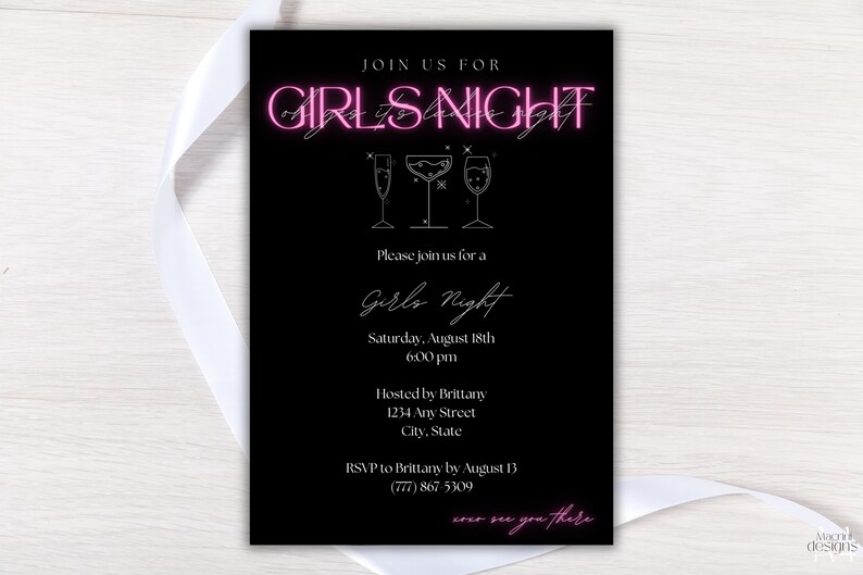 Girls night invitation template with black background, white font and neon pink title featuring cocktail and martini images.