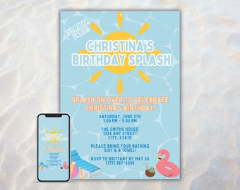 Birthday Pool Party Invitation, Editable Summer Pool Birthday Party Digital Invitation Template, Tropical Pool Party Evite, DIY Phone Invite