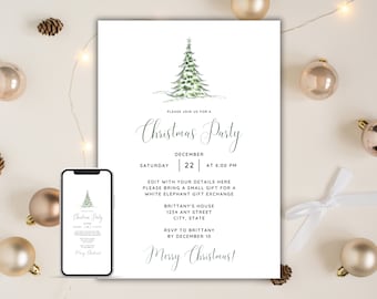 May include: A white Christmas party invitation with a watercolor illustration of a green Christmas tree. The invitation includes the text "Please join us for a Christmas Party", "Saturday December 22 at 6:00 PM", "Edit with your details here", "Please bring a small gift for a white elephant gift exchange", "Brittany's House 1234 Any Street City, State", "RSVP to Brittany by December 10", and "Merry Christmas!"