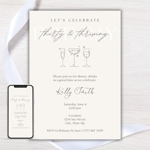 30th Birthday Invitation, Thirty and Thriving Birthday Party Invite, Bday Evite, Editable Electronic Digital Invitation Template, Printable