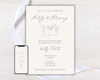 30th Birthday Invitation, Thirty and Thriving Birthday Party Invite, Bday Evite, Editable Electronic Digital Invitation Template, Printable