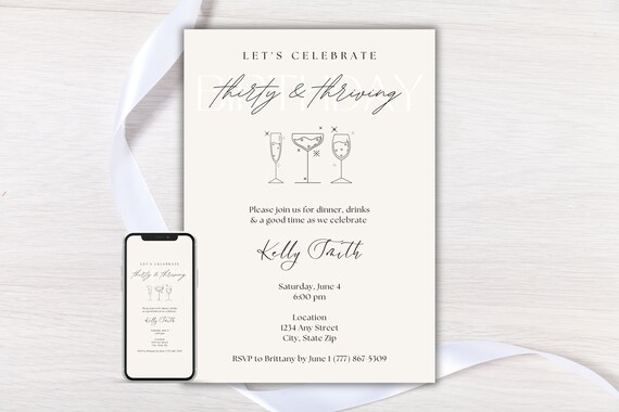30th Birthday Invitation, Thirty and Thriving Birthday Party Invite, Bday Evite, Editable Electronic Digital Invitation Template, Printable