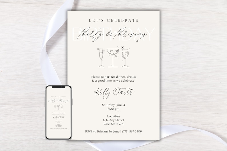 "Thirty and Thriving" birthday invitation with light pink background and black font featuring cocktails. Displayed as a printable invitation or electronic invitation sent on a mobile phone.
