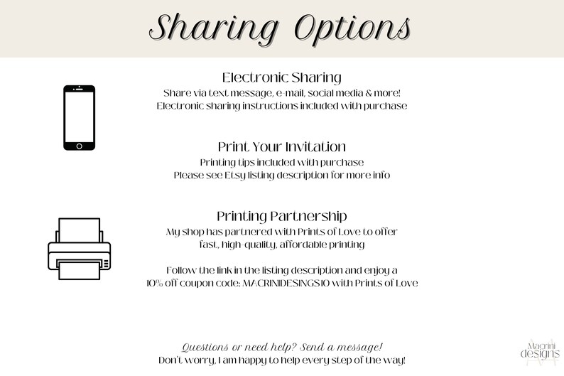 Invitation Sharing Options:
1. Electronic Sharing - send via text message, e-mail, social media, & more. 
2. Print Your Invitation - print at home or at a local print shop of your choice.

More details provided in listing description.