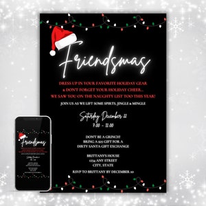 Może przedstawiać: Czarno-białe cyfrowe zaproszenie z czerwonymi i zielonymi światełkami choinkowymi. Zaproszenie zawiera napis "Friendsmas" i zawiera szczegóły dotyczące świątecznej imprezy 12 grudnia.
