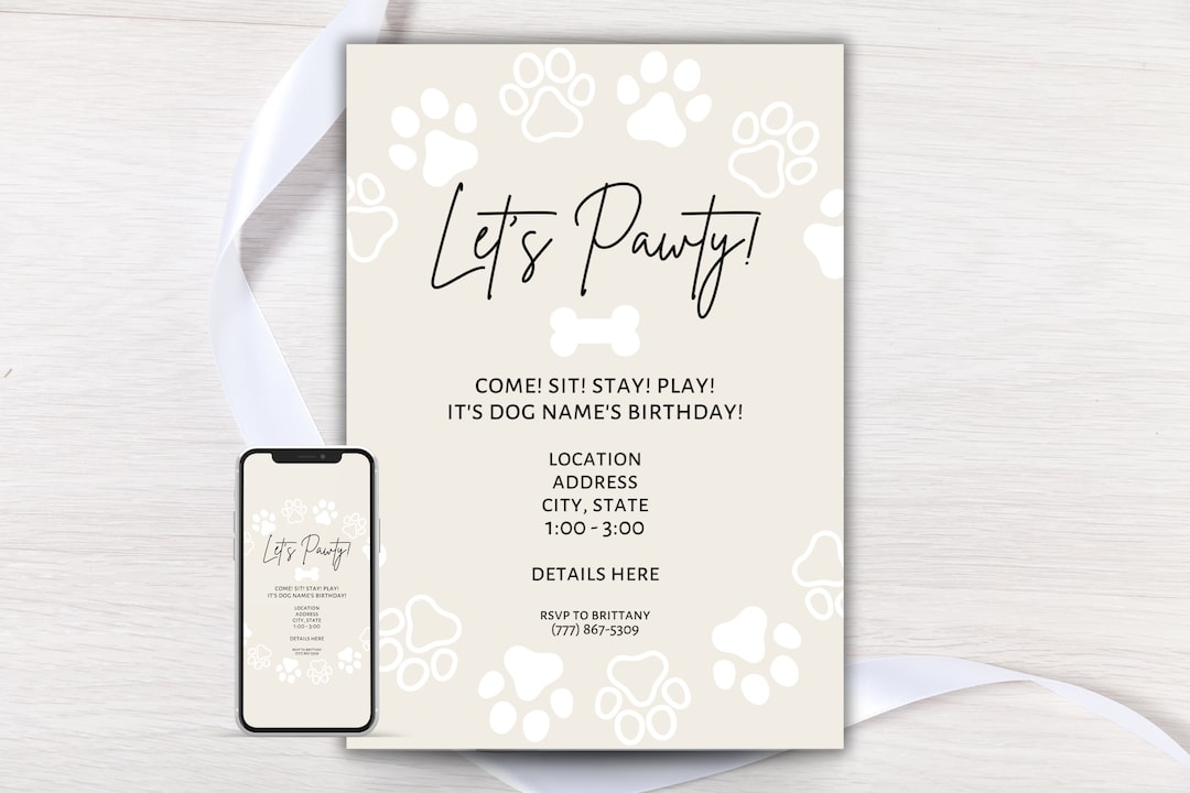 Editable Dog Birthday Party Invitation, Puppy Pawty Invite, Dog