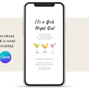 "It's a Girls Night Out" invitation displayed on a mobile phone. Download, edit with Canva & send this invitation instantly.