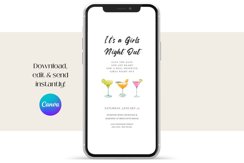 "It's a Girls Night Out" invitation displayed on a mobile phone. Download, edit with Canva & send this invitation instantly.