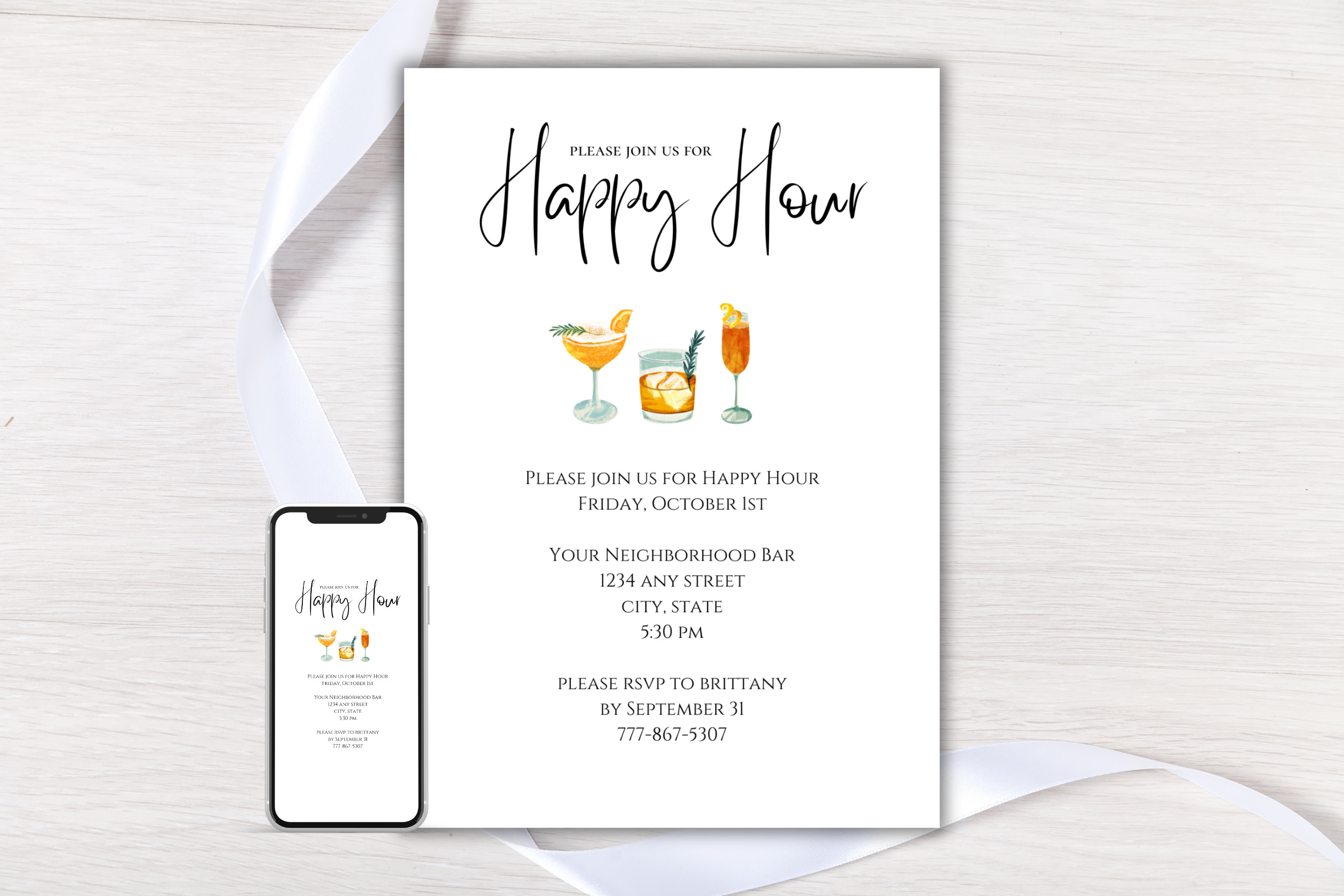 Happy Hour Einladungsvorlage, Arbeit Happy Hour einladen, bearbeitbare Happy Hour Evite, Cocktailparty, Happy Hour Party Handy einladen